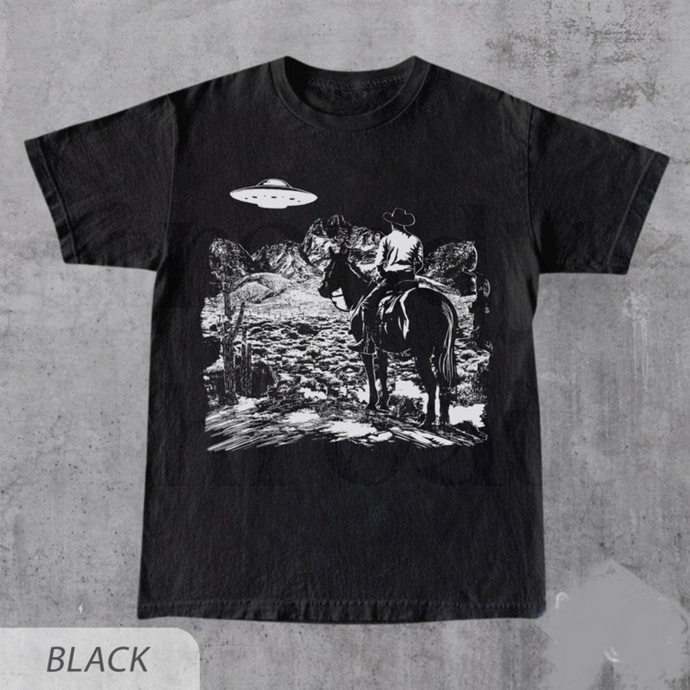 Ufo Western Shirt Retro T-Shirt Retro Cowboy TShirt Rodeo T Shirt Black